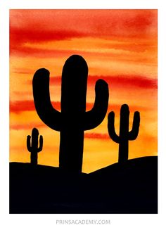 a painting of a sunset with three cactus silhouettes in the foreground and an orange sky behind them