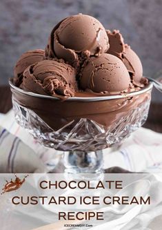 chocolate custard ice cream recipe in a glass dish with text overlay that reads, chocolate custard ice cream recipe