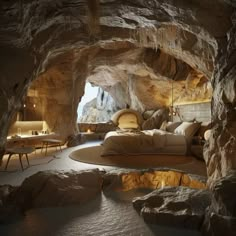 a bed in a cave like setting with lights on the ceiling and tables around it