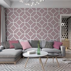 a living room with a couch, coffee table and chandelier