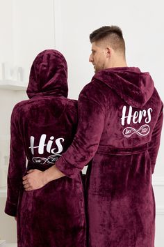 His and Hers Personalized bathrobes, Honeymoon Cozy robes, Valentines day, Honeymoon gift, Couple Hooded bathrobes, Spa bathrobes -inf.CrPea THIS LISTING IS FOR 1 BATHROBE. IF YOU NEED SET OF 2 PLEASE CHECK OUT 2 BATHROBES This listing is customized with heat press glitter (sparkle) for men and women.  Customized Cozy Bathrobes for Couples  Indulge in luxury and comfort with our Customized Cozy Bathrobes for Couples. Crafted from ultra-soft, high-quality materials, these matching bathrobes are p Spa Sleepover Party, Cozy Robes, Personalized Bathrobe, Personalized Robes, Mens Pjs, Honeymoon Gift, Kids Spa, Custom Robes, Personalized Robe