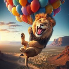 a lion is flying in the air while holding onto some balloons with his paws and mouth