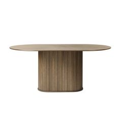 a round table with a wooden base and an oval shaped top, against a white background