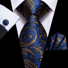 Blue Golden Paisley silk Necktie Pocket Square Cufflinks Set – ties2you Gold Paisley, Necktie Set, Gold Tie, Mens Silk Ties, Ties For Men, Vest And Tie, Tie Design, Cufflink Set, Tie Set