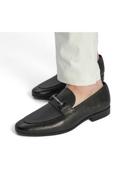 A sleek apron toe and glinting bit front a textured leather loafer that grounds you on contoured cushioning. Cushioned footbed with arch support Leather upper/textile lining/synthetic sole Imported Luxury Semi-formal Loafers With Leather Footbed, Pointed Toe Slip-on Loafers With Metal Feet, Aldo Mens Shoes, Luxury Black Loafers With Metal Details, Luxury Masculine Slip-on Loafers, Bit Loafers, Nordstrom Store, Leather Loafers, Black Fits