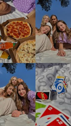 four different pictures of people laying in bed with pizza and sodas on the table