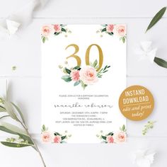 the floral forty birthday party card is shown with flowers and greenery on it, along with a gold foil stamp