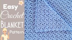 the easy crochet blanket pattern is shown in blue and has flowers on it