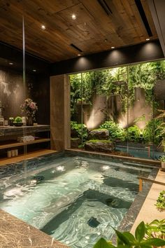 an indoor swimming pool in the middle of a room with large windows and plants around it