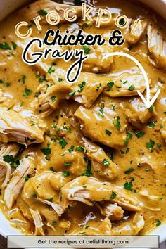 chicken and gravy in a white bowl with parsley garnish on top