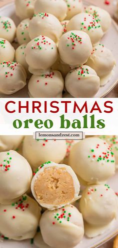 christmas oreo balls on a plate with sprinkles and the title above it