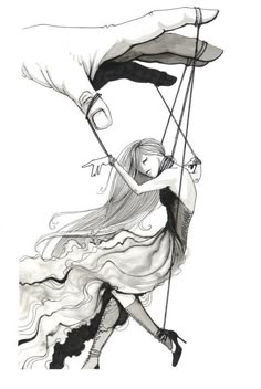 a black and white drawing of a girl swinging on a rope with an umbrella over her head