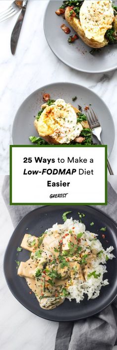 three plates with food on them and the words 25 ways to make a low - fodmap diet easier