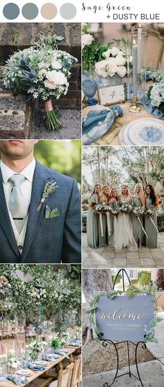 a collage of photos with flowers and greenery on them, including an outdoor dining table