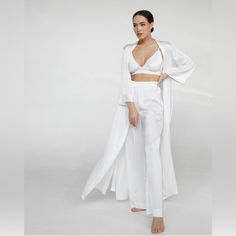 Measurements: Bust - 36 Inch(92 Cm), Bust Length - 10 Inch (26 Cm (Not Include The Length Under The Bust Belt) Waist - 29 Inch (76 Cm) Hips - 35 Inch (90 Cm) Sleeves Length - 20 Inch (52 Cm) Pant Outseam - 42 Inch (106 Cm) Elegant Fitted Sets For Night, Elegant Fitted Night Sets, Elegant Night Sets, Elegant Fitted Loungewear Sets, White Pajama Party Sets With Long Pants, White Long Pants Sets For Pajama Party, White Long Pants Pajama Party Sets, Elegant Fitted Sleep Sets, Elegant Long Loungewear Sets