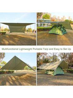 four different views of a tent set up on the ground with trees in the background