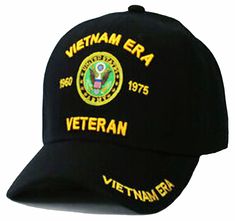 US ARMY Vietnam ERA Veteran Hat, 1960 to 1975 Embroidered letters Celebrates the service of Vietnam ERA Veterans Adjustable strap to fit most adults, men and some women Pre-curved bill. Structured, mid-profile crown, button top and sewn eyelets for ventilation Durable, acrylic fabric that resists stains and fading. Easier to clean than cotton Black and gold colors Us Army Vietnam, Veteran Hats, Vietnam Vets, Embroidered Letters, Caps And Hats, Navy Marine, Cap Mens, Army Veteran, Black Baseball Cap