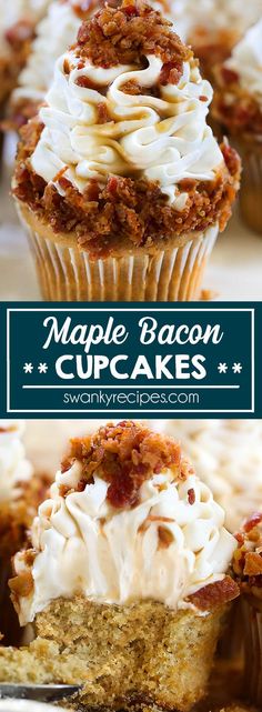 two pictures of cupcakes with white frosting and bacon toppings on top