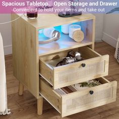 an open storage and drawer unit in a living room