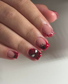 Gel Nail Designs Spiderman, Spider Man Nail Art Designs, Square Spiderman Nails, Spiderman Nails French Tip, Square Nails Spiderman, Spiderman Nails Designs Easy, Red Nails Spiderman, Spider Man French Tip Nails, Nails Gel X Designs