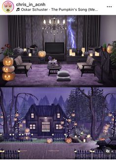 two pictures of the same room with pumpkins and candles in it, one is decorated for halloween