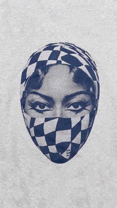 a woman's face with a checkered bandana on her head, in front of a white t - shirt