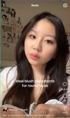 Makeup | Makeup looks | Makeup inspo | Blush tips | Round faces |     Cre: @bbyb3a on instagram Makeup Tips Round Face, Fresh Makeup Tutorial, Blush Makeup Tutorial, Facelift Makeup, Blush Tutorial, Makeup For Round Eyes, Too Faced Lipstick