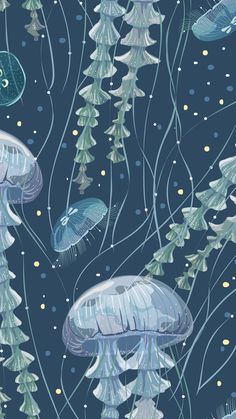 an image of jellyfish in the water with plants and bubbles on it's surface