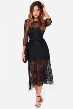 For Love & Lemons San Marcos Black Lace Maxi Dress at Lulus.com! Long Black Lace Skirt, Black Lace Maxi Dress, Fitted Midi Dress, Lemon Dress, Dressy Dresses, Black Lace Dress, Lace Dress Black, Black Long Sleeve Dress, Lace Maxi