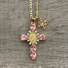 Gold plated necklace Butterfly charm not included Pendant measurement: 4.5cm long x 2.8cm wide 3MM figaro chain included Pink Cross Necklace, Cross Charm Necklace, Necklace Butterfly, Keychain Necklace, Pink Cross, Figaro Chain, Figaro Chains, Anklet Bracelet, Evil Eye Necklace