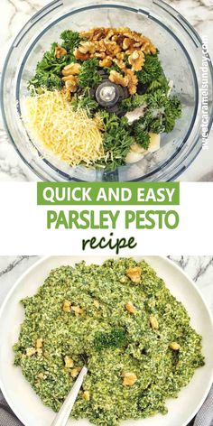 pesto sauce in a food processor with the words, quick and easy parsley pest recipe