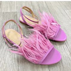 Nib. Fucsia Feathers Leather Purple Sandals With Heel Strap For Summer, Purple Closed Toe Sandals For Summer, Purple Low Heel Shoes For Spring, Purple Flat Leather Sandals, Purple Sandals With Heel Strap And Round Toe, Purple Flat Heels For Summer, Purple Flat Sandals For Party, Spring Purple Sandals With Flat Heel, Spring Purple Flat Heel Sandals