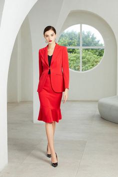 Elegant Red Pencil Skirt For Work, Elegant Red Formal Skirt Suit, Formal Fitted Red Pencil Skirt, Red Long-sleeve Skirt Suit For Office, Elegant Red Fitted Skirt Suit, Elegant Red Knee-length Skirt, Red Long Sleeve Skirt Suit For Party, Elegant Red Skirt Suit For Work, Red Long Sleeve Skirt Suit For Work