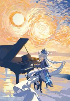 a painting of a woman playing the piano in front of an ocean and sky background