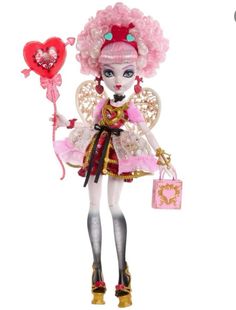 a doll with pink hair holding a heart shaped balloon and a small bag in her hand