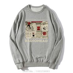 a grey sweatshirt with the words radiohead on it and an image of a man standing in