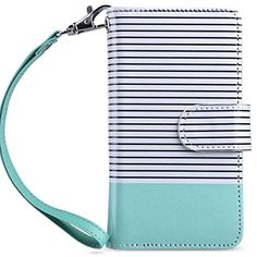 a white and blue striped wallet case with a lanyard on the side, attached to a