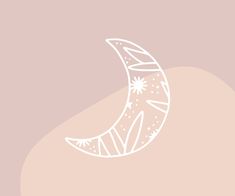 a drawing of a crescent moon with snow flakes on it's side, against a pale pink background