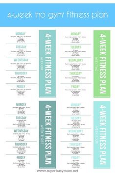 the 4 week no gym fitness plan is shown in blue, green and white colors