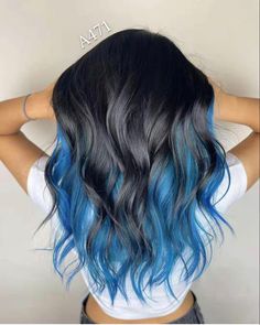 Black And Color Highlights, Dark Brown And Blue Hair Ombre, Bottom Half Dyed Hair Blue, Dark Brown And Colored Hair, Blue Partial Highlights, Blue Color Hair Highlights, Black Roots And Blue Hair, Top Half Black Bottom Half Blue Hair, Blue Highlights With Brown Hair