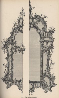 an old drawing of two mirrors with vines on the sides and one in the middle