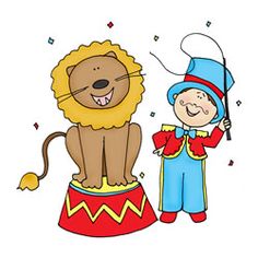 a lion and a little boy standing next to each other on top of a circus ring