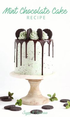 mint chocolate cake recipe with oreo cookies on top and green leaves around the edges