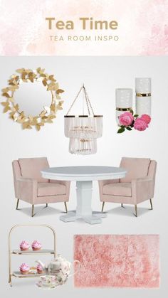 pink and gold tea time mood board with chairs, table, chandelier, vases and cupcakes