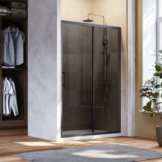 a walk in shower sitting inside of a bathroom next to a potted green plant