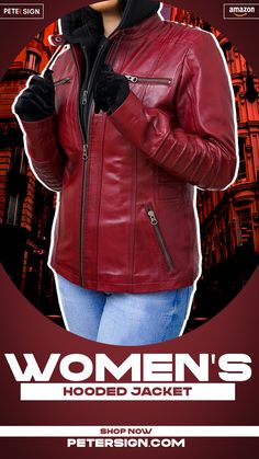 Women's Red Real Hooded Jacket Hooded Leather Jacket, Leather Hoodie, Leather Jacket With Hood, Weather Seasons, Biker Leather, Lady Biker, Red Hoodie, Leather Jackets, Signature Style