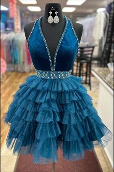 Halter Teal Beaded Ruffled Homecoming Dress Short Ruffle Dress, Tulle Material, Turquoise Fabric, Tiered Ruffle Skirt, A Line Shorts, Hoco Dresses, Silver Dress, Tier Skirt, Ruffle Skirt