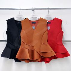 Great Cut Together Pieces With A Peplum Detail. Sleeveless. Elegant V-neck Peplum Top For Work, Elegant V-neck Peplum Top With Ruffles, Chic V-neck Vest For Parties, Fitted V-neck Tank Top With Ruffles, Chic V-neck Peplum Top For Party, Fitted V-neck Peplum Top With Ruffles, Red V-neck Vest For Spring, Fitted Sleeveless Peplum Top For Workwear, Chic Sleeveless Peplum Top For Party