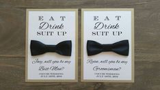 two cards with black bow ties on them, one says eat drink and the other says sit up