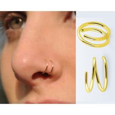 a woman's nose has two different types of piercings on it and one is gold